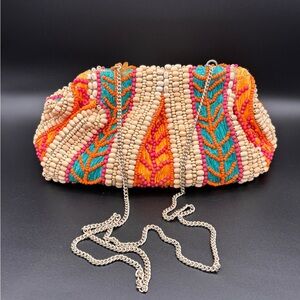 Made in India Vibrant Beaded Clutch w/ Crossbody Chain - Tan, Orange, Red & Teal